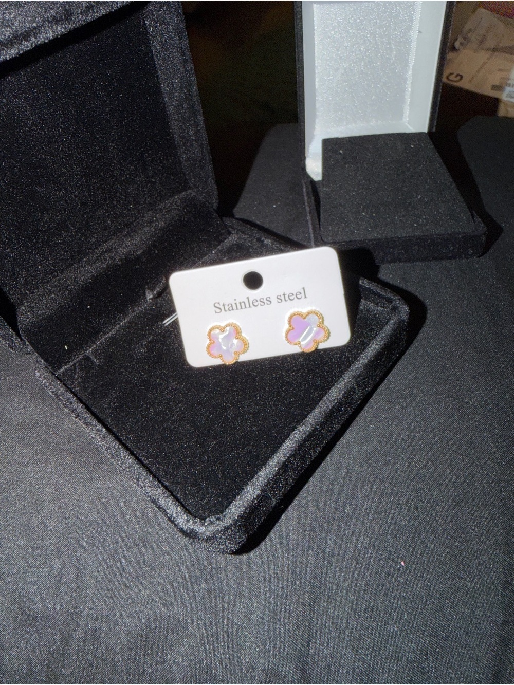 Gold-Trim Pink Clover Stainless Steel Stud Earrings